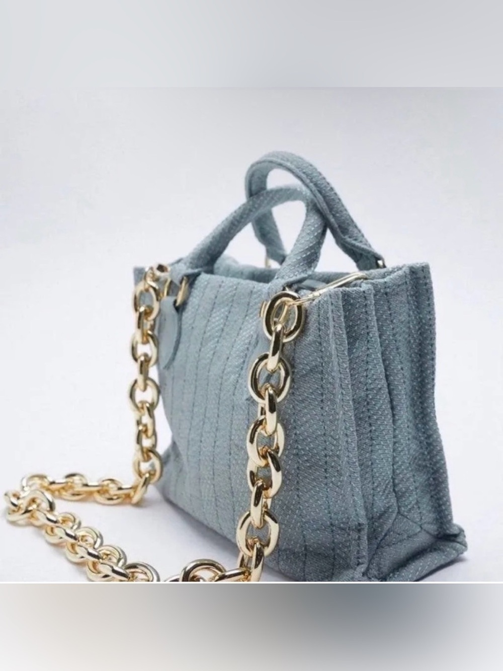 ZARA Light Blue Small Satchel Top Handle Zip Bag Gold Hardware Detachable Strap - Picture 3 of 12